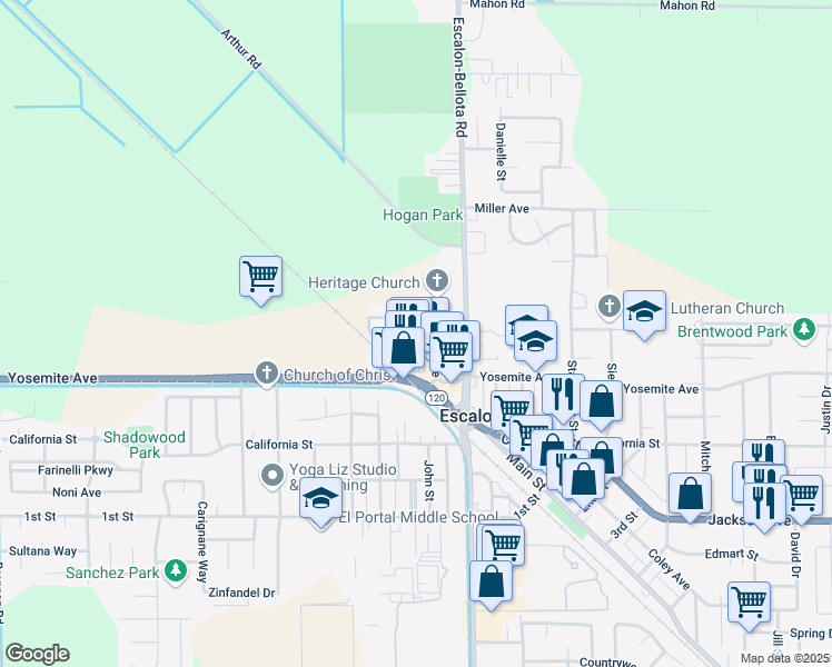 map of restaurants, bars, coffee shops, grocery stores, and more near 1122 San Miguel Street in Escalon