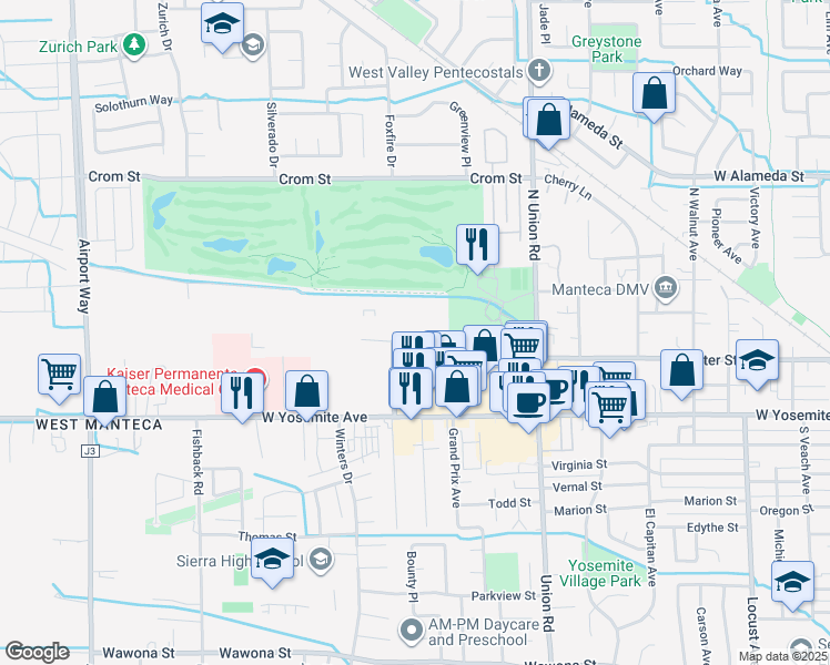 map of restaurants, bars, coffee shops, grocery stores, and more near 1451 West Center Street in Manteca