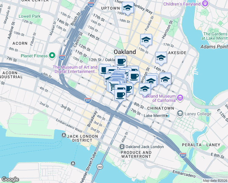 map of restaurants, bars, coffee shops, grocery stores, and more near 801 Franklin Street in Oakland