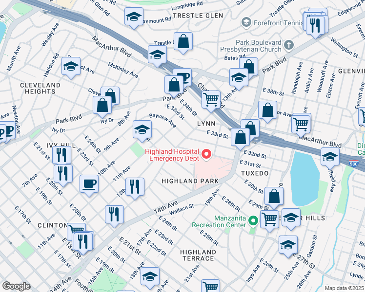 map of restaurants, bars, coffee shops, grocery stores, and more near 1332 East 31st Street in Oakland