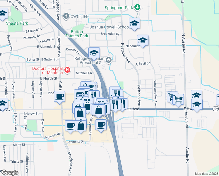 map of restaurants, bars, coffee shops, grocery stores, and more near 264 Button Avenue in Manteca