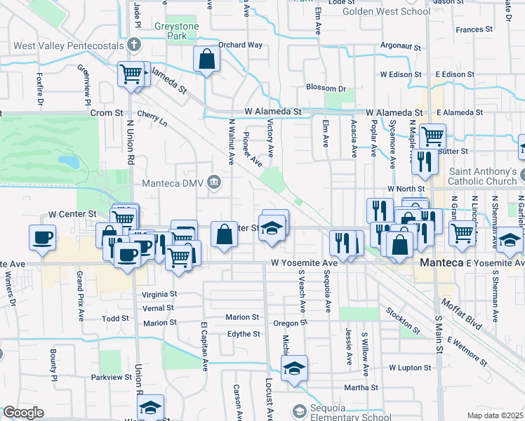 map of restaurants, bars, coffee shops, grocery stores, and more near 200-298 Almond Avenue in Manteca