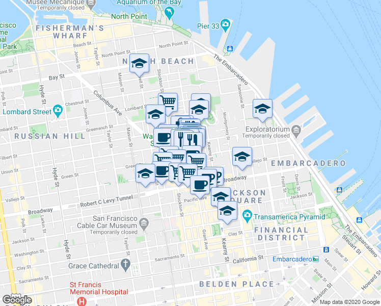 map of restaurants, bars, coffee shops, grocery stores, and more near 1417 Grant Avenue in San Francisco