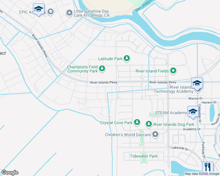 map of restaurants, bars, coffee shops, grocery stores, and more near 17691 Brandeis Court in Lathrop