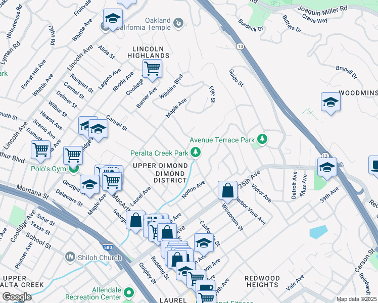 map of restaurants, bars, coffee shops, grocery stores, and more near 4101 Rettig Place in Oakland