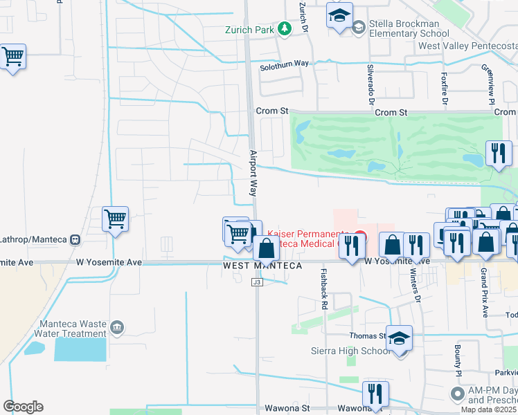 map of restaurants, bars, coffee shops, grocery stores, and more near 250 Airport Way in Manteca