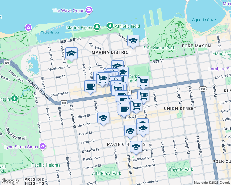map of restaurants, bars, coffee shops, grocery stores, and more near in San Francisco