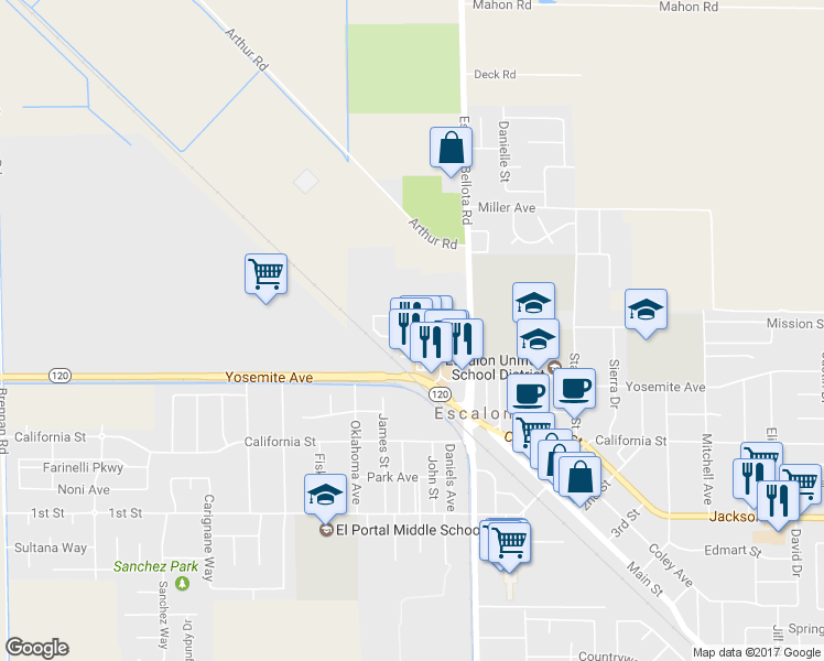 map of restaurants, bars, coffee shops, grocery stores, and more near 1122 San Miguel Street in Escalon
