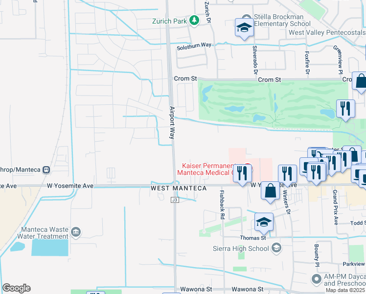 map of restaurants, bars, coffee shops, grocery stores, and more near 250 Airport Way in Manteca