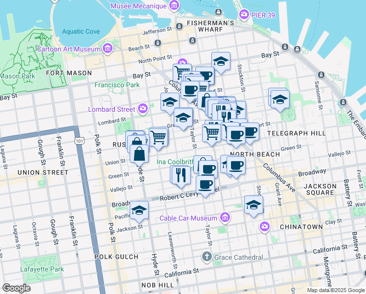 map of restaurants, bars, coffee shops, grocery stores, and more near 950 Union Street in San Francisco