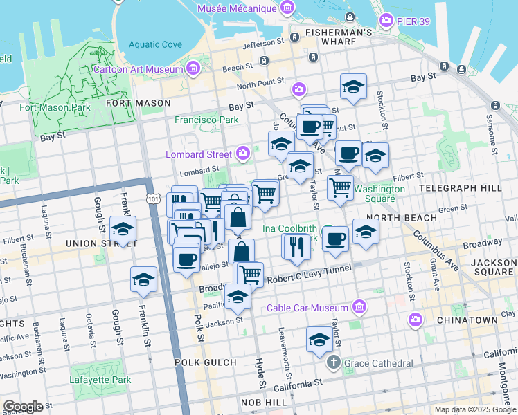 map of restaurants, bars, coffee shops, grocery stores, and more near 2033 Leavenworth Street in San Francisco
