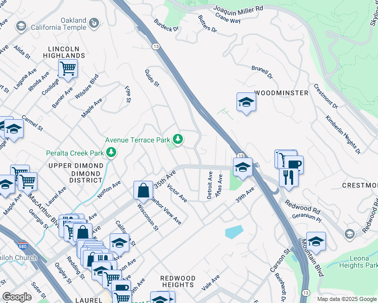 map of restaurants, bars, coffee shops, grocery stores, and more near 3414 Guido Street in Oakland