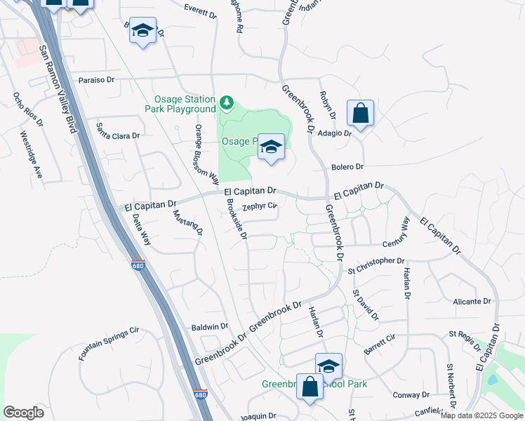 map of restaurants, bars, coffee shops, grocery stores, and more near 536 Zephyr Circle in Danville