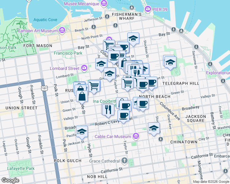 map of restaurants, bars, coffee shops, grocery stores, and more near 950 Union Street in San Francisco