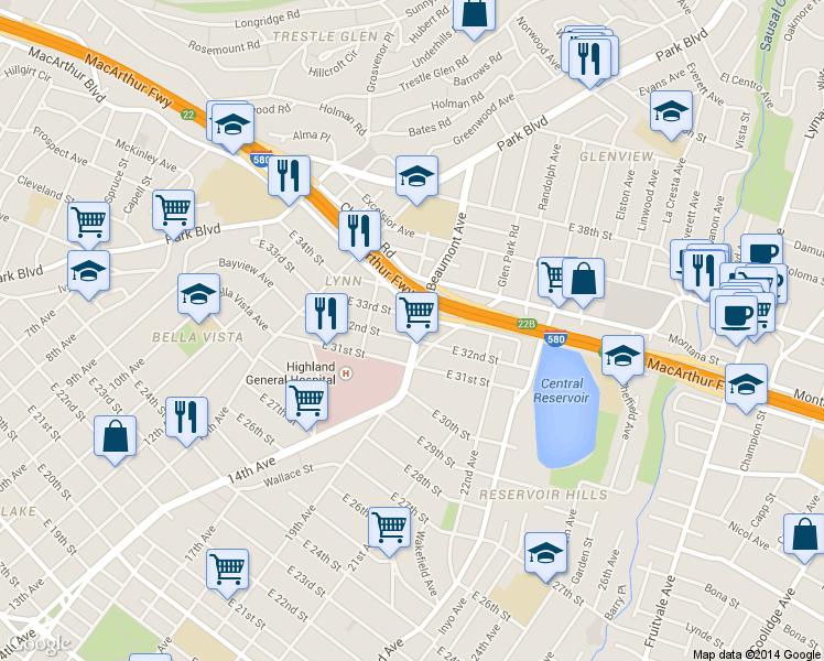 map of restaurants, bars, coffee shops, grocery stores, and more near 1513 East 33rd Street in Oakland