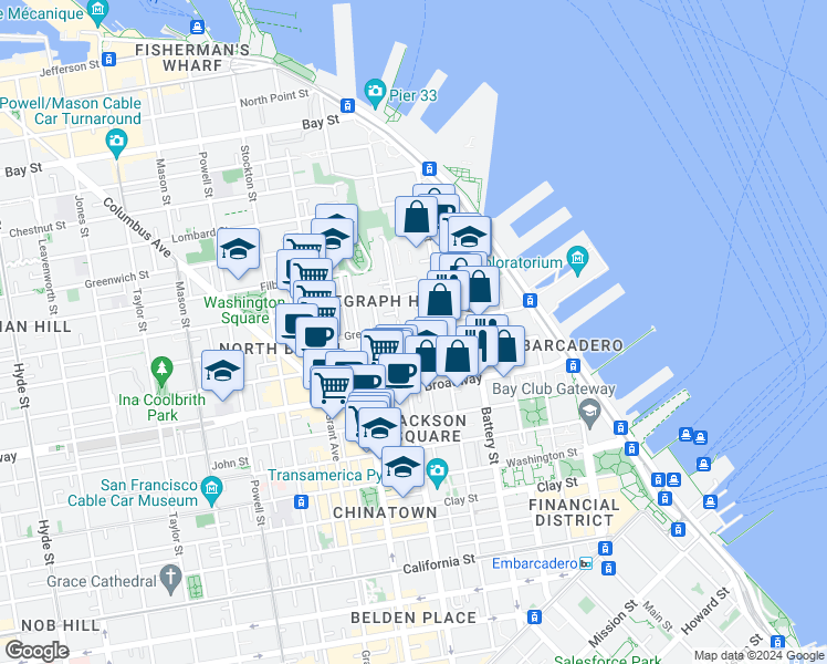 map of restaurants, bars, coffee shops, grocery stores, and more near 225 Green Street in San Francisco