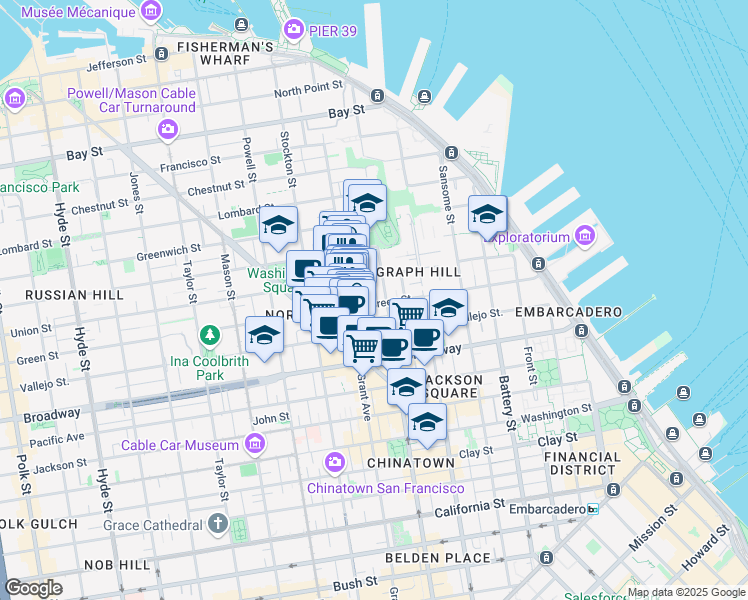 map of restaurants, bars, coffee shops, grocery stores, and more near 1309 Kearny Street in San Francisco