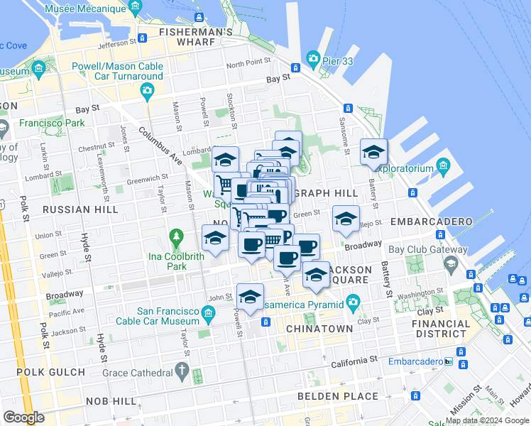 map of restaurants, bars, coffee shops, grocery stores, and more near 1425 Grant Avenue in San Francisco