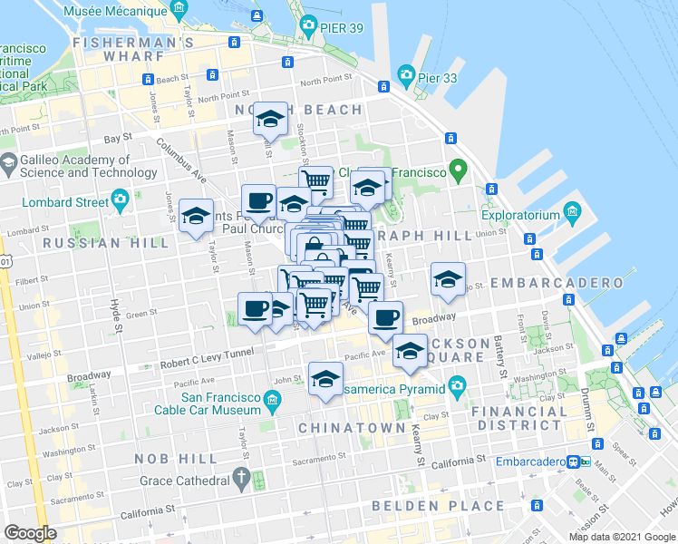 map of restaurants, bars, coffee shops, grocery stores, and more near 1534 Stockton Street in San Francisco