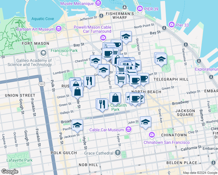 map of restaurants, bars, coffee shops, grocery stores, and more near 950 Union Street in San Francisco