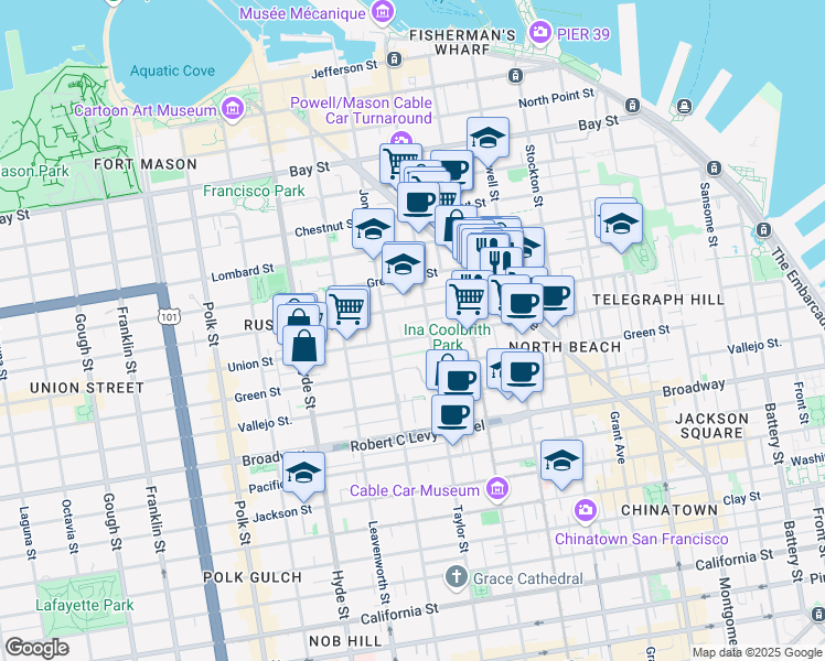 map of restaurants, bars, coffee shops, grocery stores, and more near 950 Union Street in San Francisco