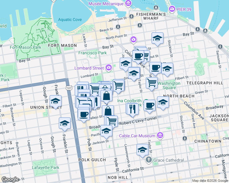 map of restaurants, bars, coffee shops, grocery stores, and more near 14A Havens Street in San Francisco