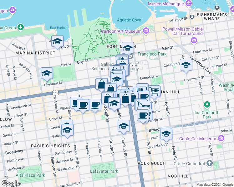 map of restaurants, bars, coffee shops, grocery stores, and more near in San Francisco