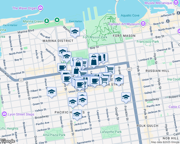 map of restaurants, bars, coffee shops, grocery stores, and more near 3137 Laguna Street in San Francisco