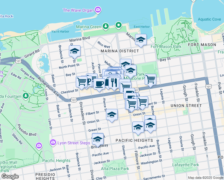 map of restaurants, bars, coffee shops, grocery stores, and more near 2150 Lombard Street in San Francisco