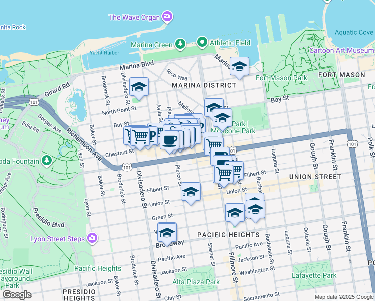 map of restaurants, bars, coffee shops, grocery stores, and more near 3237 Pierce Street in San Francisco