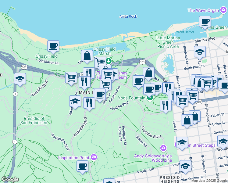map of restaurants, bars, coffee shops, grocery stores, and more near 4 Funston Avenue in San Francisco