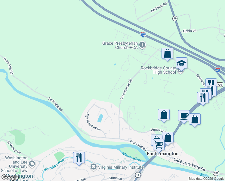 map of restaurants, bars, coffee shops, grocery stores, and more near 48 Woodridge Lane in Lexington