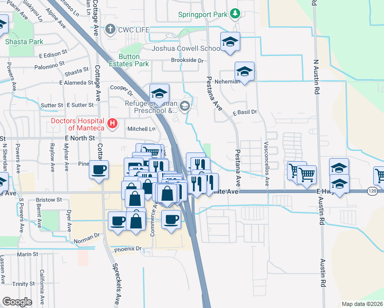 map of restaurants, bars, coffee shops, grocery stores, and more near 264 Button Ave in Manteca
