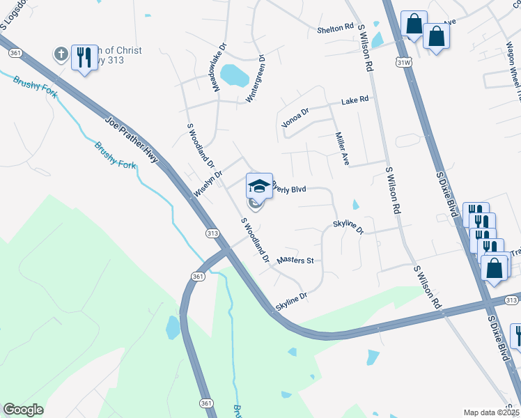 map of restaurants, bars, coffee shops, grocery stores, and more near 6000 South Woodland Drive in Radcliff