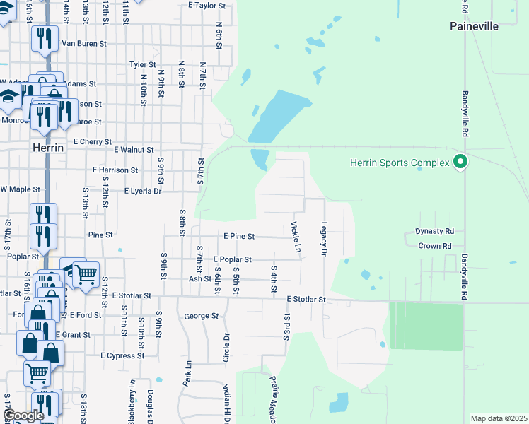 map of restaurants, bars, coffee shops, grocery stores, and more near 1201 Montebello Drive in Herrin