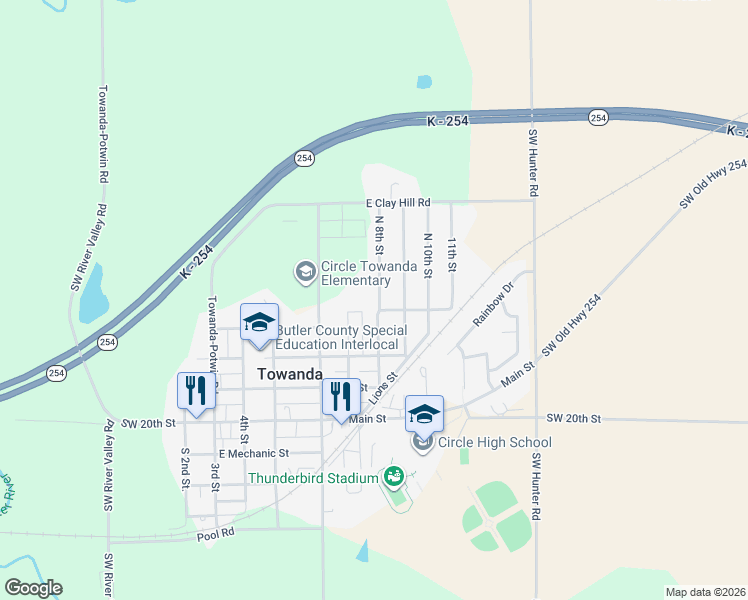 map of restaurants, bars, coffee shops, grocery stores, and more near 407 North 8th Street in Towanda