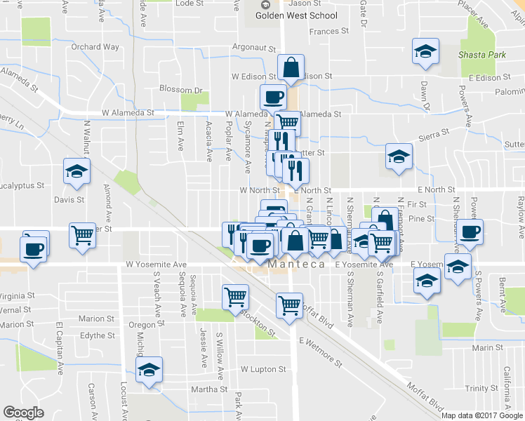 map of restaurants, bars, coffee shops, grocery stores, and more near 219 N Maple Ave in Manteca