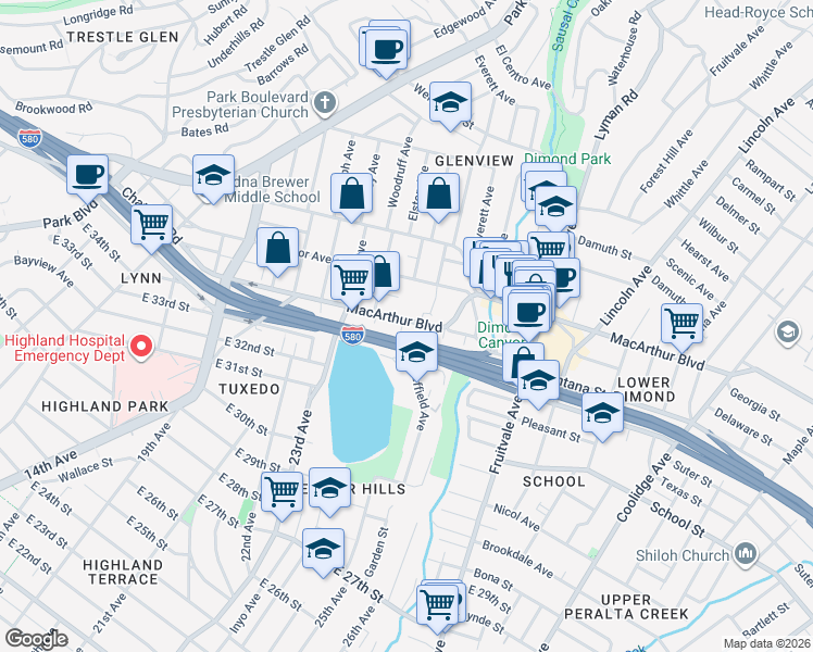 map of restaurants, bars, coffee shops, grocery stores, and more near 1701 MacArthur Boulevard in Oakland