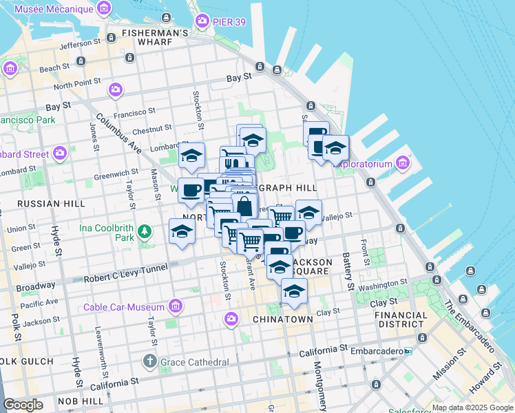 map of restaurants, bars, coffee shops, grocery stores, and more near 1309 Kearny Street in San Francisco