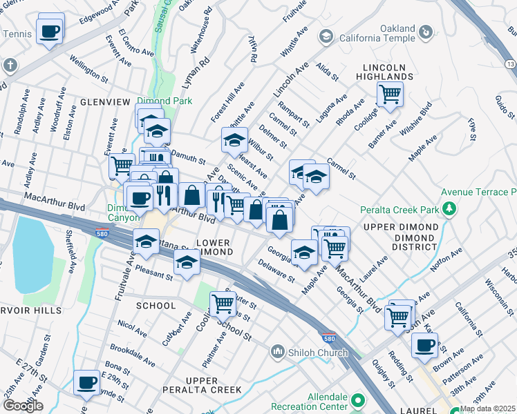 map of restaurants, bars, coffee shops, grocery stores, and more near 3600 Laguna Avenue in Oakland
