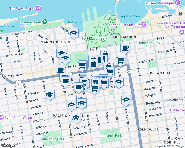 map of restaurants, bars, coffee shops, grocery stores, and more near 3124 Laguna Street in San Francisco