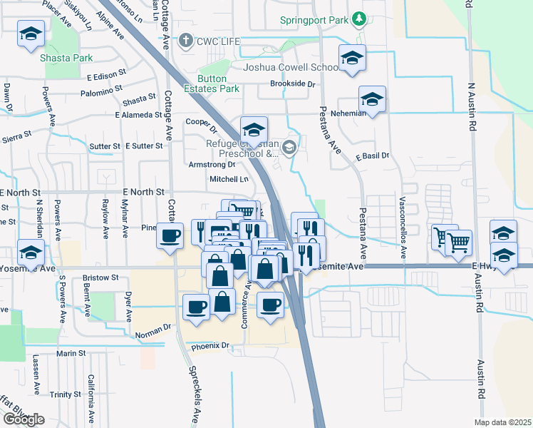 map of restaurants, bars, coffee shops, grocery stores, and more near 224 Northwoods Avenue in Manteca