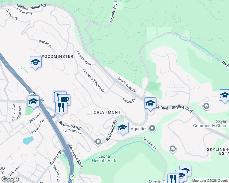 map of restaurants, bars, coffee shops, grocery stores, and more near 232 Rishell Drive in Oakland