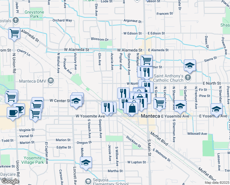 map of restaurants, bars, coffee shops, grocery stores, and more near 222 Acacia Ave in Manteca