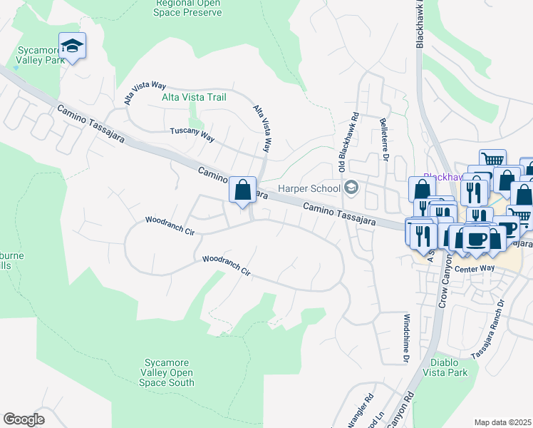 map of restaurants, bars, coffee shops, grocery stores, and more near 15 Windsor Court in Danville