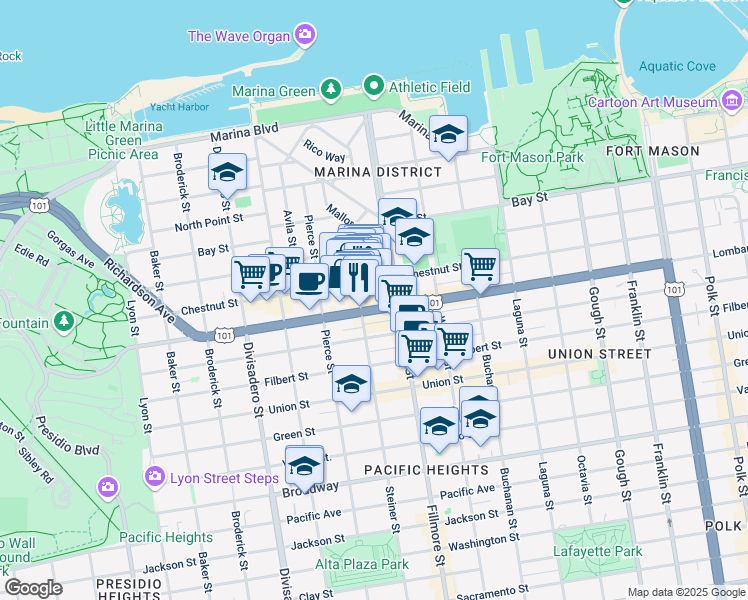 map of restaurants, bars, coffee shops, grocery stores, and more near 2150 Lombard Street in San Francisco