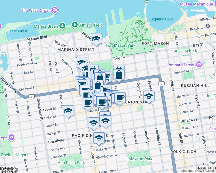 map of restaurants, bars, coffee shops, grocery stores, and more near 1880 Lombard Street in San Francisco