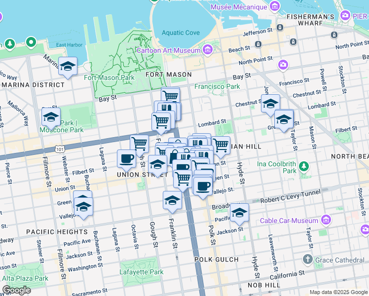 map of restaurants, bars, coffee shops, grocery stores, and more near 2642 Van Ness Avenue in San Francisco