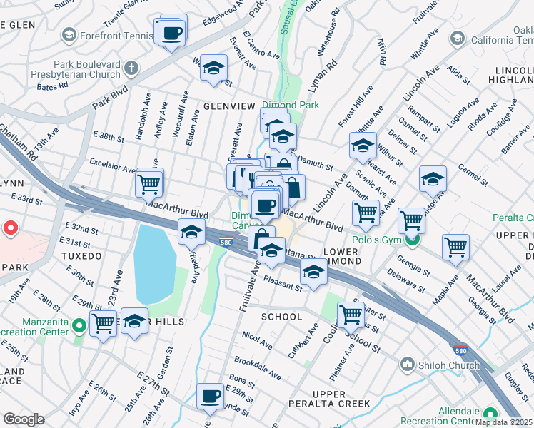 map of restaurants, bars, coffee shops, grocery stores, and more near 3432 Dimond Avenue in Oakland
