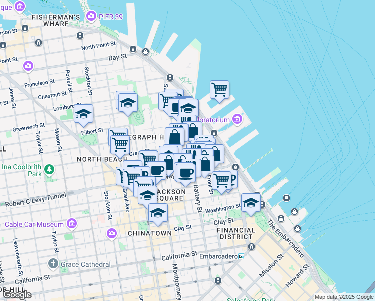 map of restaurants, bars, coffee shops, grocery stores, and more near 69 Green Street in San Francisco